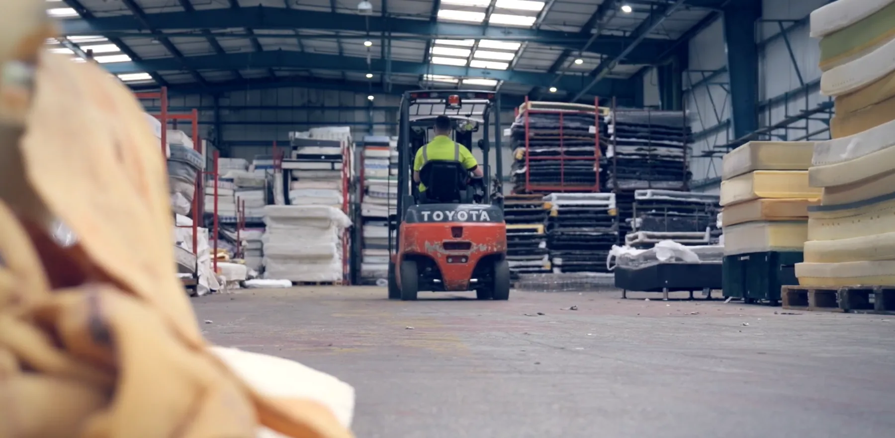Mattress and material handling inside the Rematt warehouse
